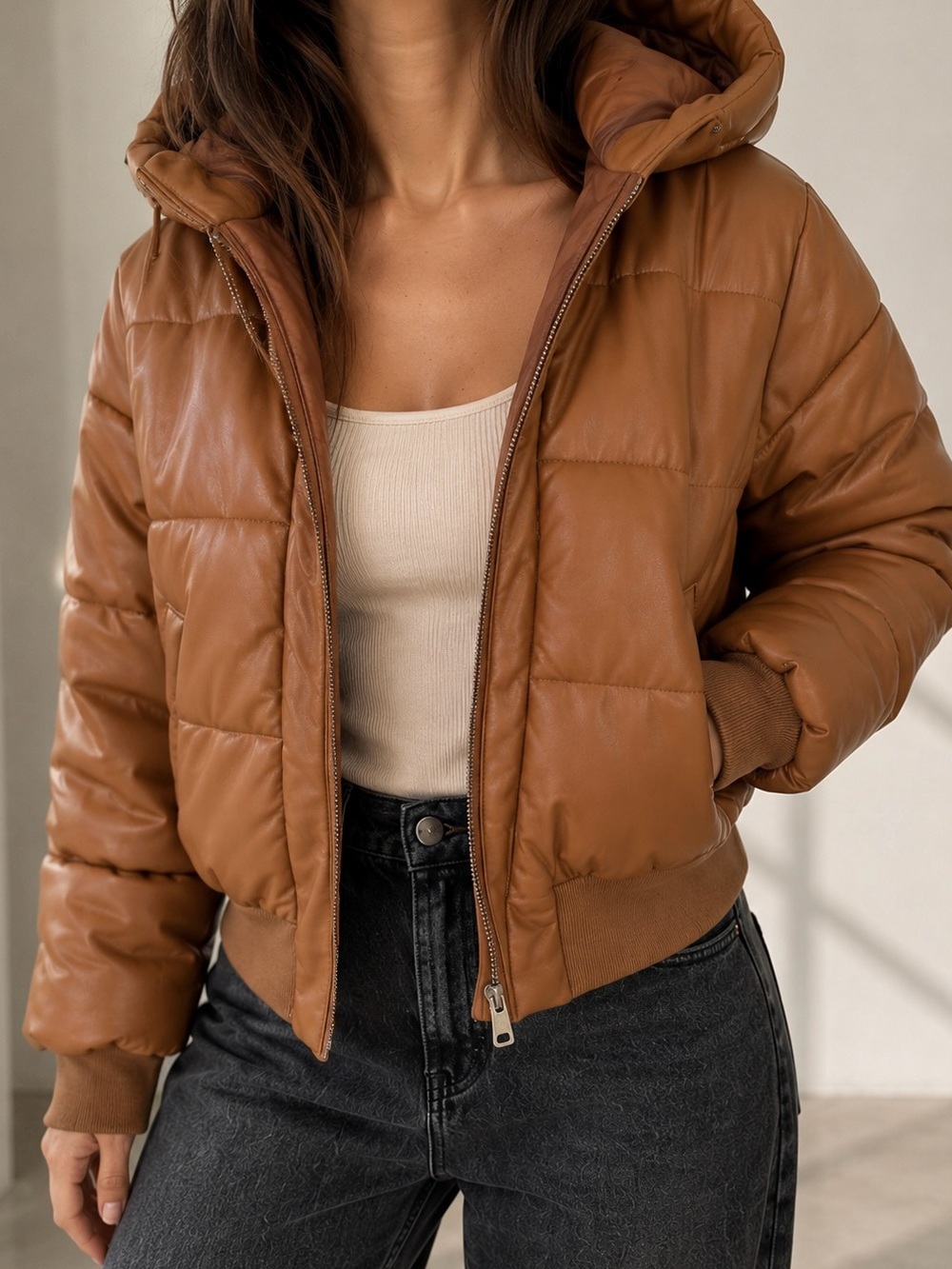 Ci Sono Cognac Brown Puffer Jacket with Hood